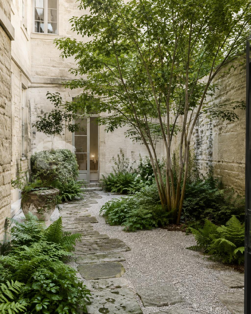Ambiance proposée : cour de maison en pierre plantée de fougères avec un arbre en cépée et un pas japonais