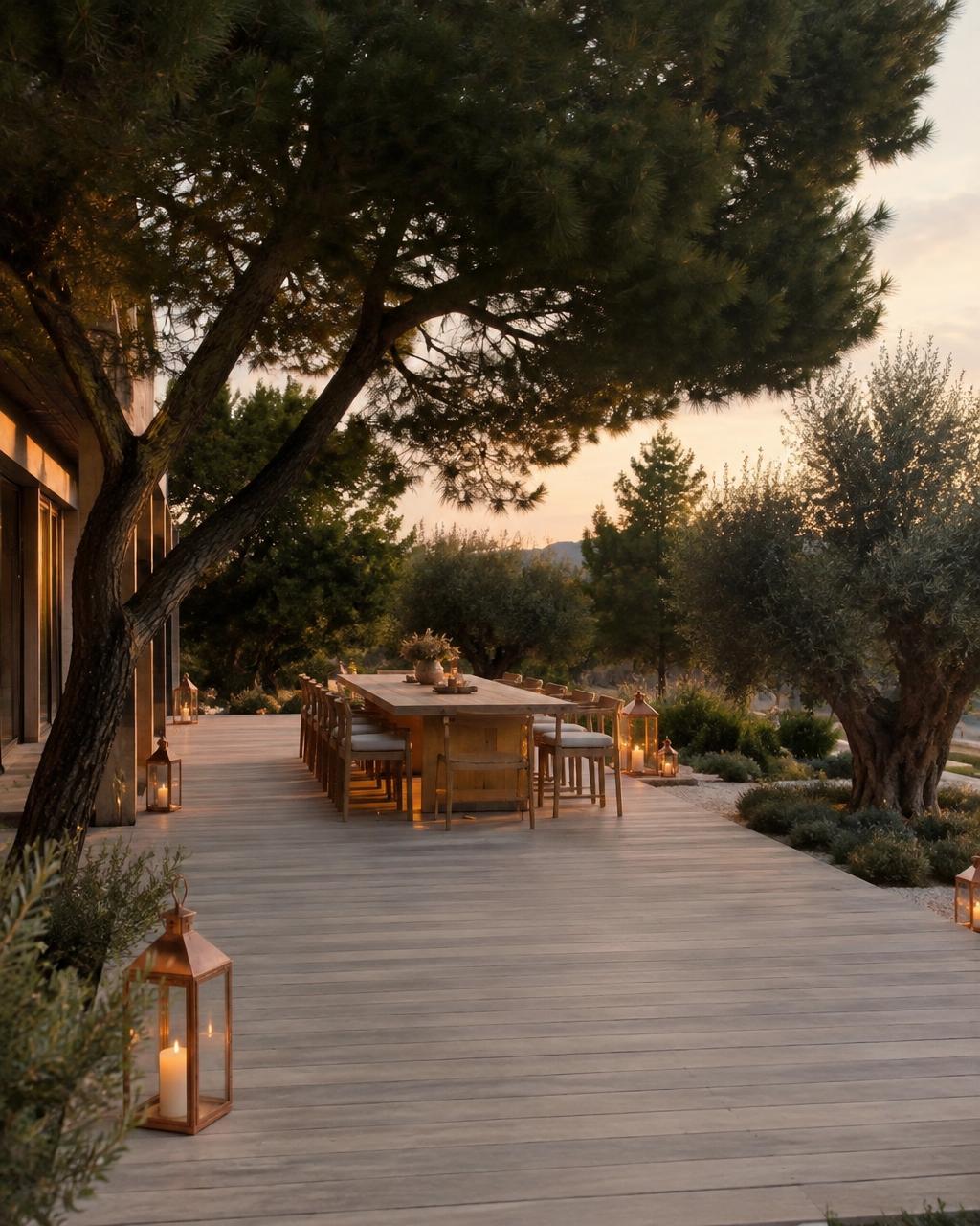 Ambiance proposée : terrasse en bois avec grande table sous un pin, oliviers et lanternes au crépuscule